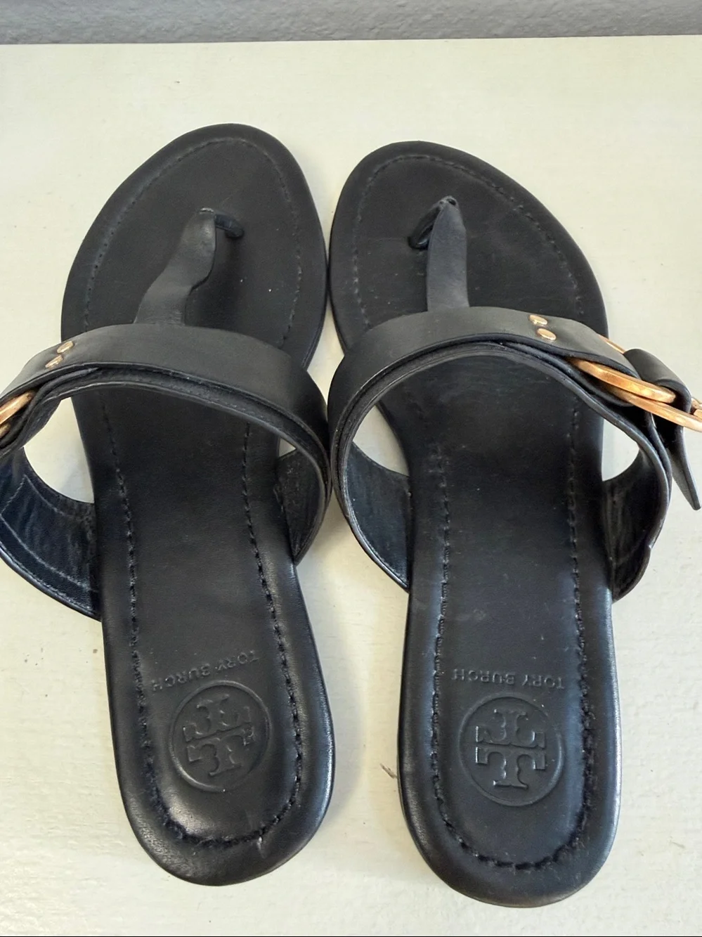 Tory Burch Marsden Black Leather Thong Sandal with Gold Hardware